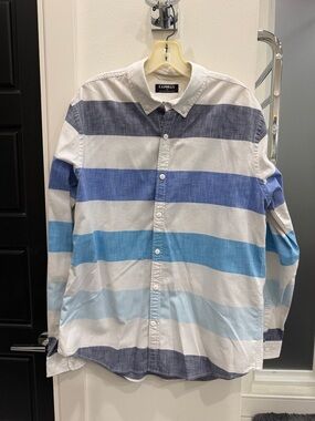 Express Men's Multi-Blue Horizontal Stripe Button-Down Shirt